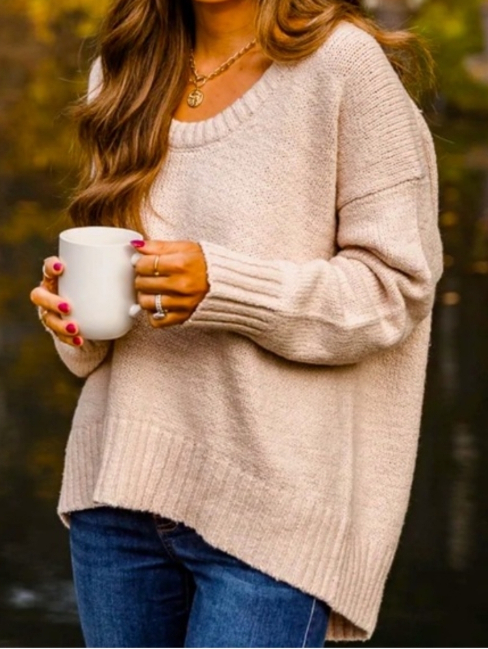 Caitlin Covington x Pink Lily Kelsey Sweater Taupe Wide Neck Off Shoulder Soft M